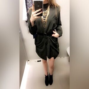 Forest Green Mock Neck Dress With Oversized Pockets